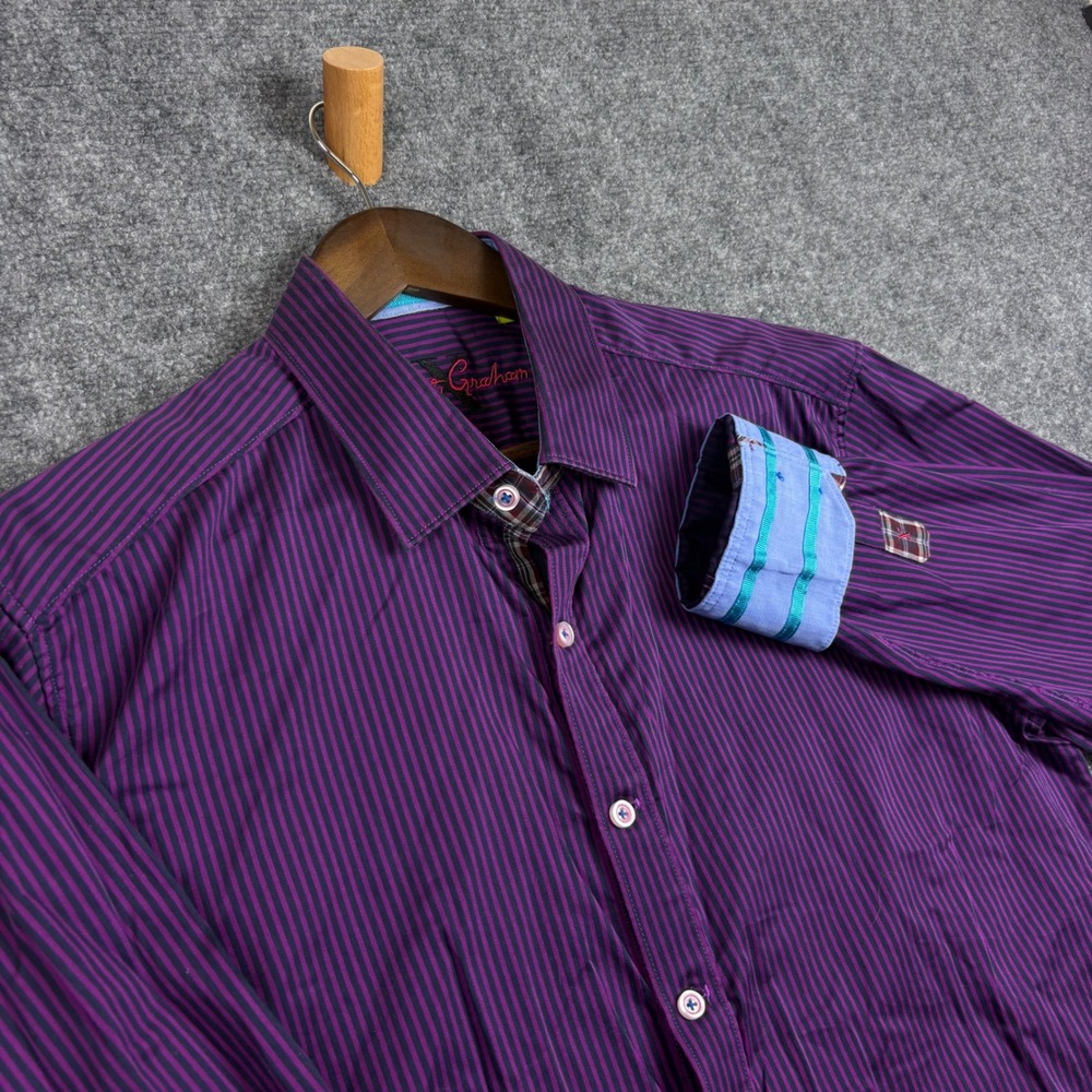 Robert Graham Mens Tailored Fit Purple Striped Long Sleeve Button Down Shirt L